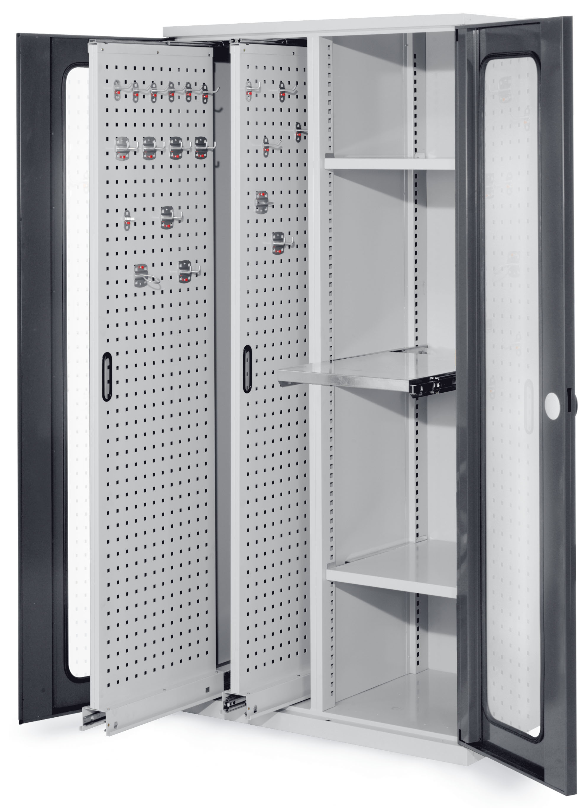 ®RasterPlan Vertikalschrank Modell 84 1950 x 1000 x 600 mm RAL 7035/7016. Sichtfenstertür. 2 Auszüge Lochplatten 2 Böden 1 Auszugsboden.