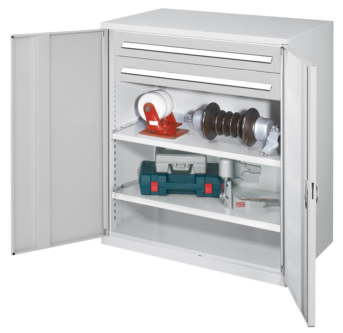 Schwerlast-Beistellschrank Modell 63 1110 x 1000 x 600 mm RAL 7035. Vollblechtüren 2 Schubladen H 100 mm 2 Fachboden B 1000 mm.