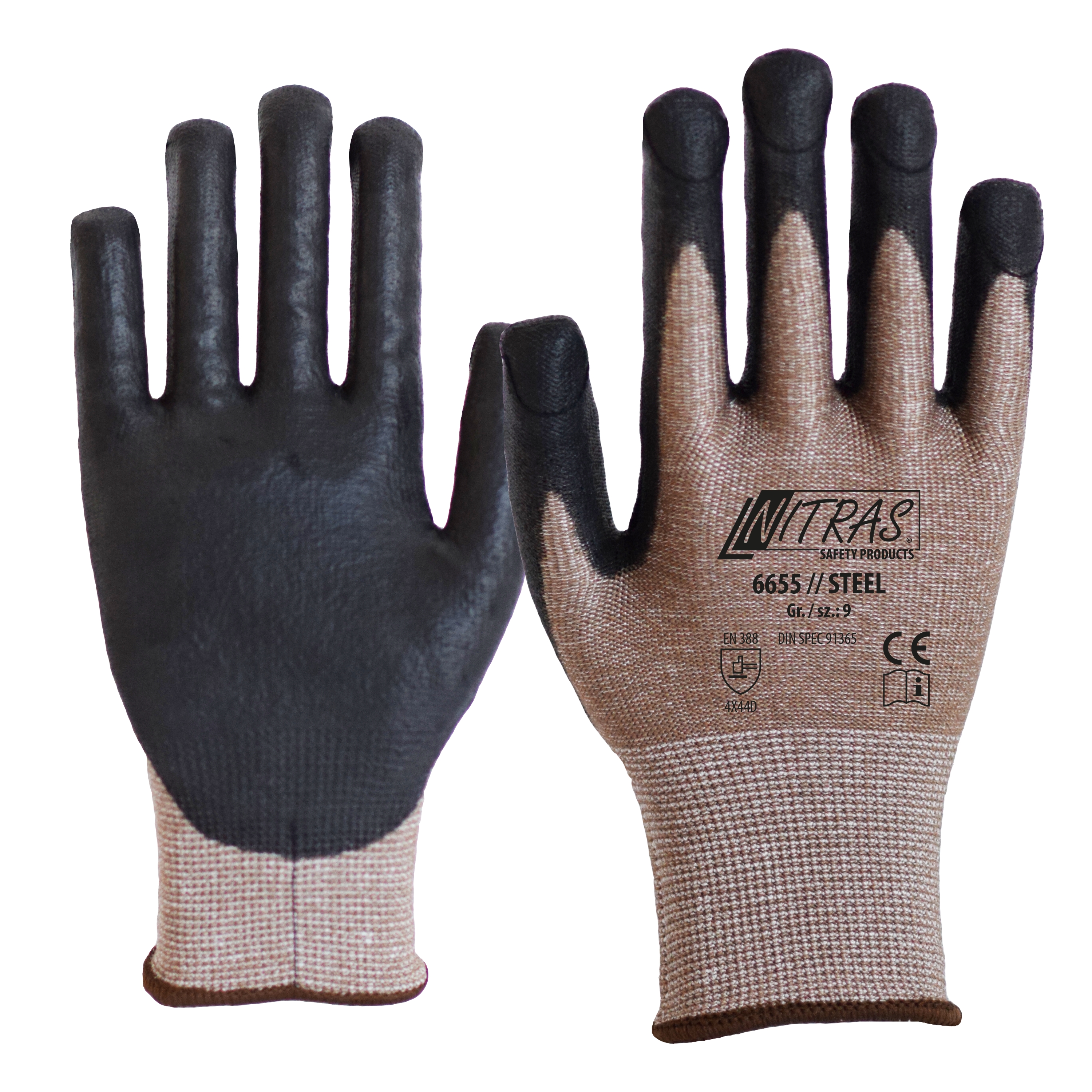 NITRAS STEEL, Handschuhe mit hohem Stich- und Schnittschutz, braun / schwarz, EN 388, DIN SPEC 91365