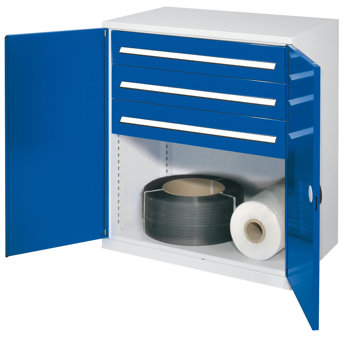 Schwerlast-Beistellschrank Modell 67 1110 x 1000 x 600 mm RAL 7035/5010. Doppelwandtüren 3 Schublade H 175 mm.