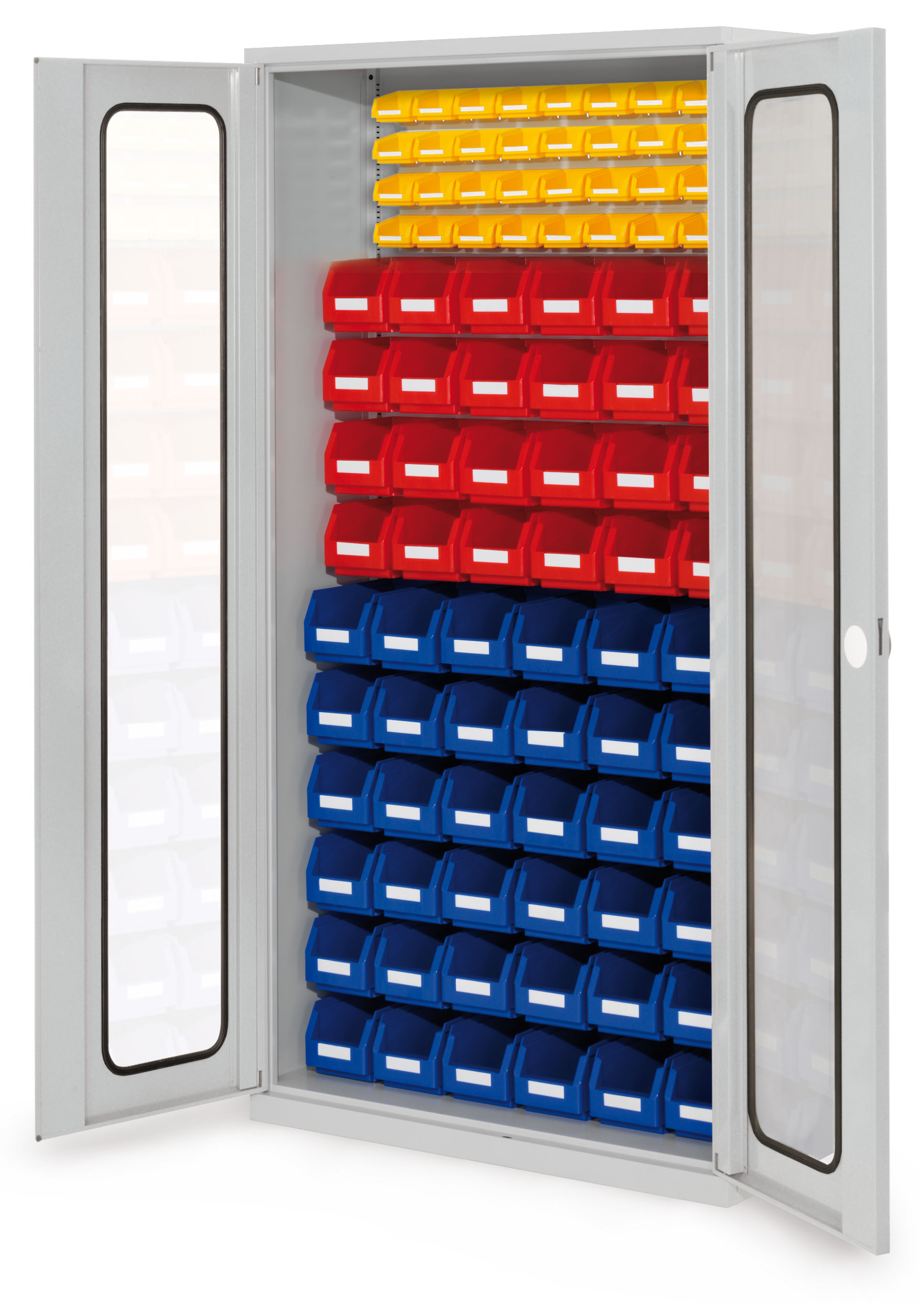 ®RasterPlan Schlitzplattenschrank H1950 x B 1000 x T 410 mm RAL 7035 Modell57 Sichtfenstertüren bestückt mit Lagersichtkasten 36 x Größe 5 24 x Größe 6 32 x Größe 8.