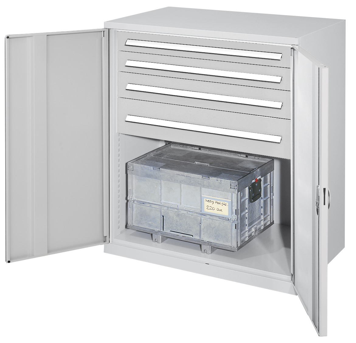 Schwerlast-Beistellschrank Modell 62 1110 x 1000 x 600 mm RAL 7035. Vollblechtüre 2 Schubladen H 100 mm 1 Schublade H 125 mm 1 Schublade H 175 mm.