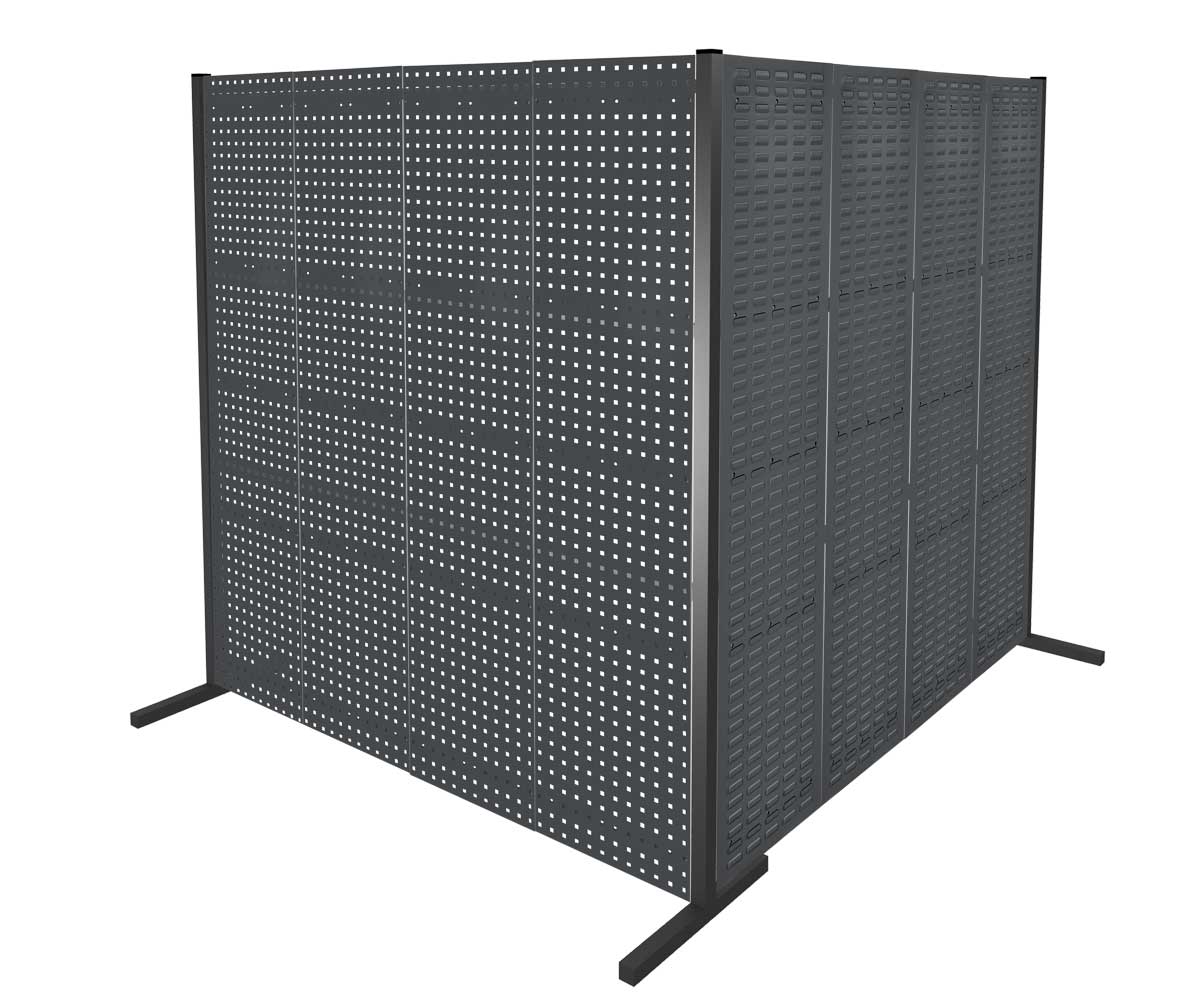 ®RasterPlan Trennwand Doppelfeld 90° 2000 / 2000 mm H2000 mm RAL 7016. Mit 4 ®RasterPlan Lochplatten 4 ®RasterPlan Schlitzplatten.