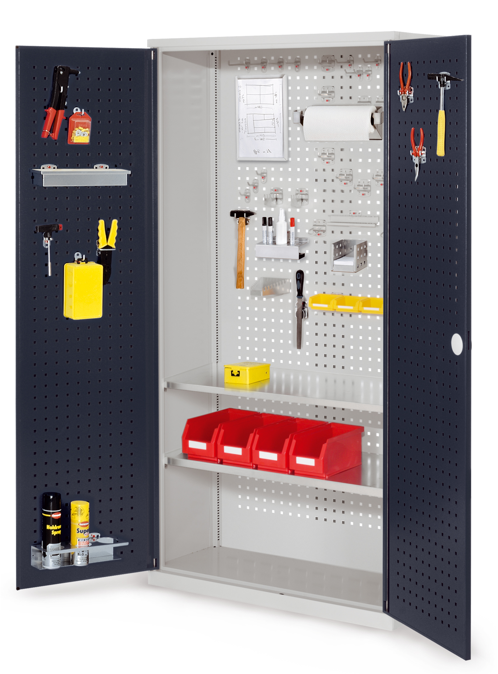 ®RasterPlan Werkzeugschrank Mod 5 410 H1950 x B1000 x T410 mm RAL 7035/7016. Türinnenseite: ®RasterPlan Lochplatte 2 Fachböden.
