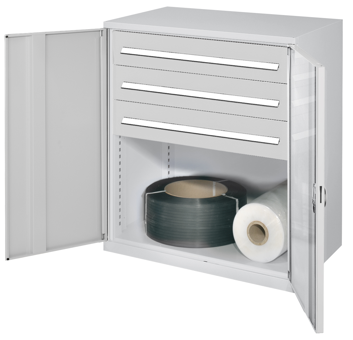 Schwerlast-Beistellschrank Modell 67 1110 x 1000 x 600 mm RAL 7035. Vollblechtüren 3 Schubladen H 175 mm.