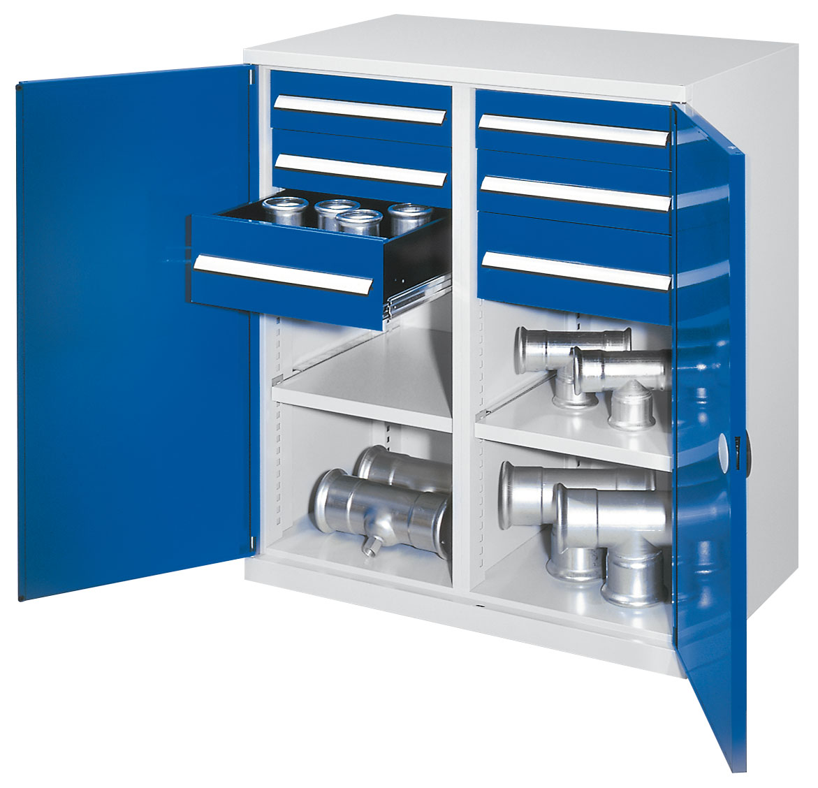 Schwerlast-Beistellschrank Modell 71 1110 x 1000 x 600 mm RAL 7035/5010. Mit Mitteltrennwand Doppelwandtür 1 Fachboden links 1 Fachboden rechts 2 Schubladen H 100 mm 2 Schubladen H 125 mm 2 Schubladen H 175 mm.