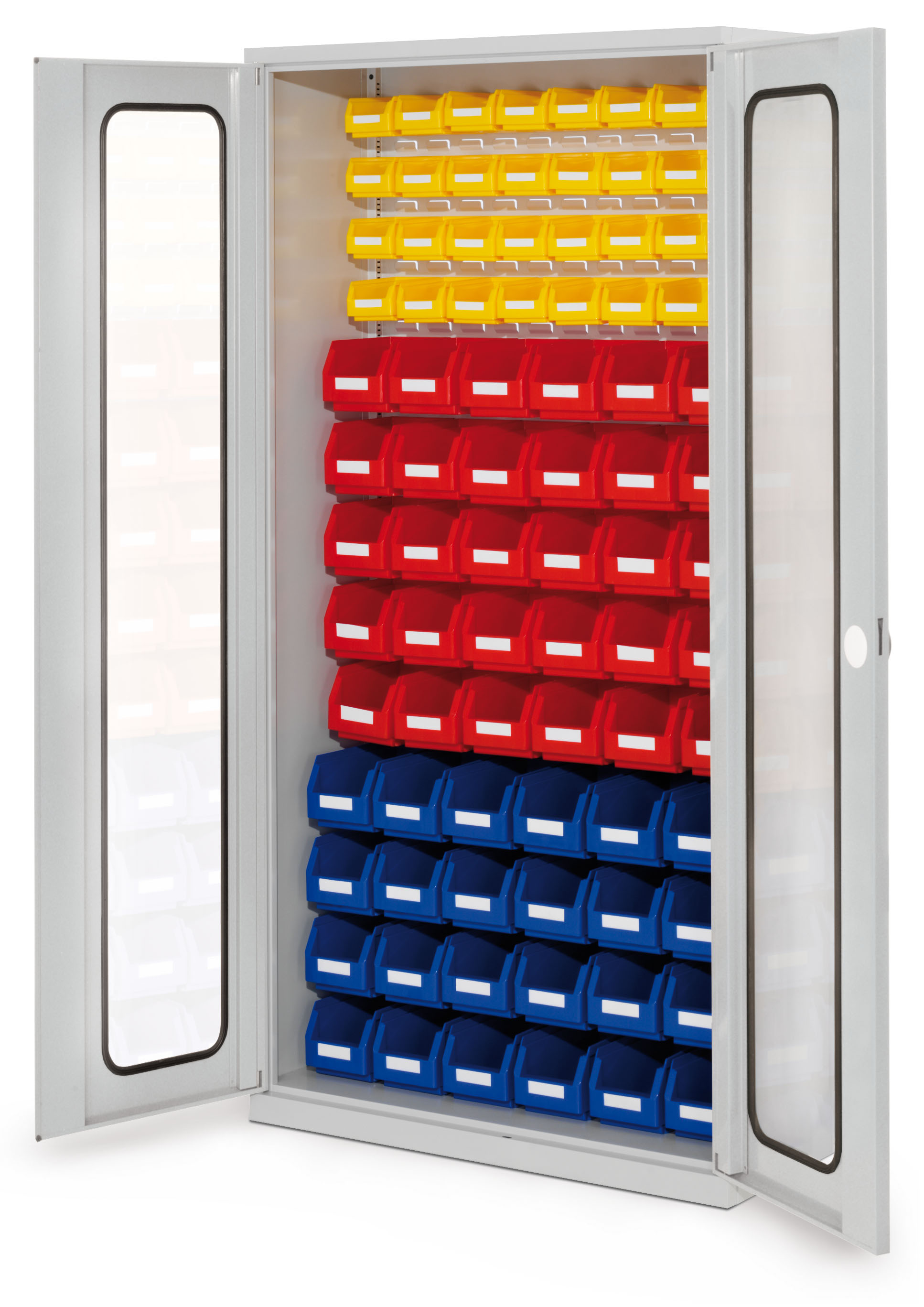 ®RasterPlan Schlitzplattenschrank H1950 x B 1000 x T 410 mm RAL 7035 Modell51 Sichtfenstertüren bestückt mit Lagersichtkasten 24 x Größe 5 30 x Größe 6 32 x Größe 7.