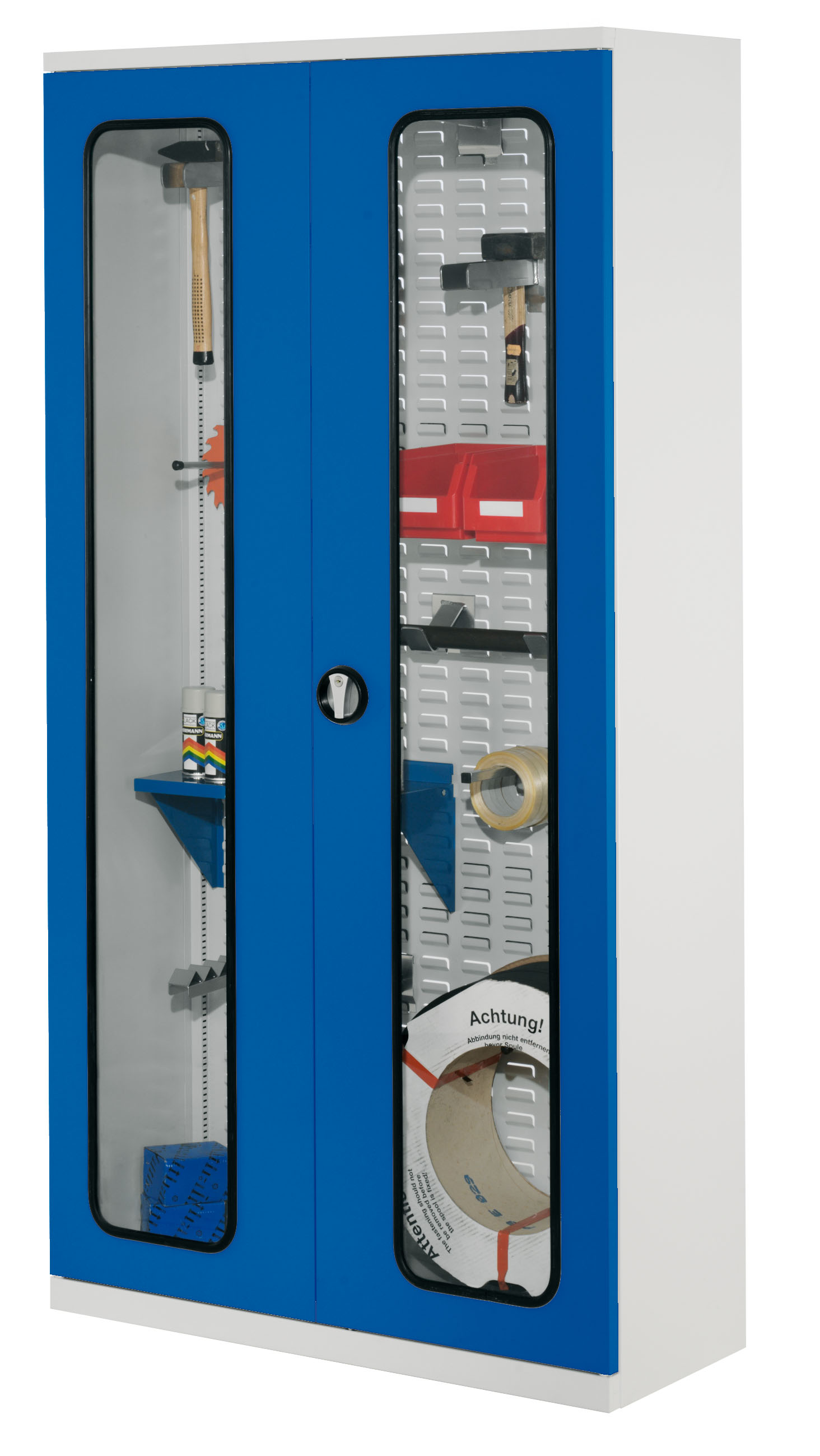 ®RasterPlan Werkstückschrank mit Schlitzplattenrückwand RAL7035 / 5010. Sichtfenstertür H 1950 x B 1000 x T 410 mm.