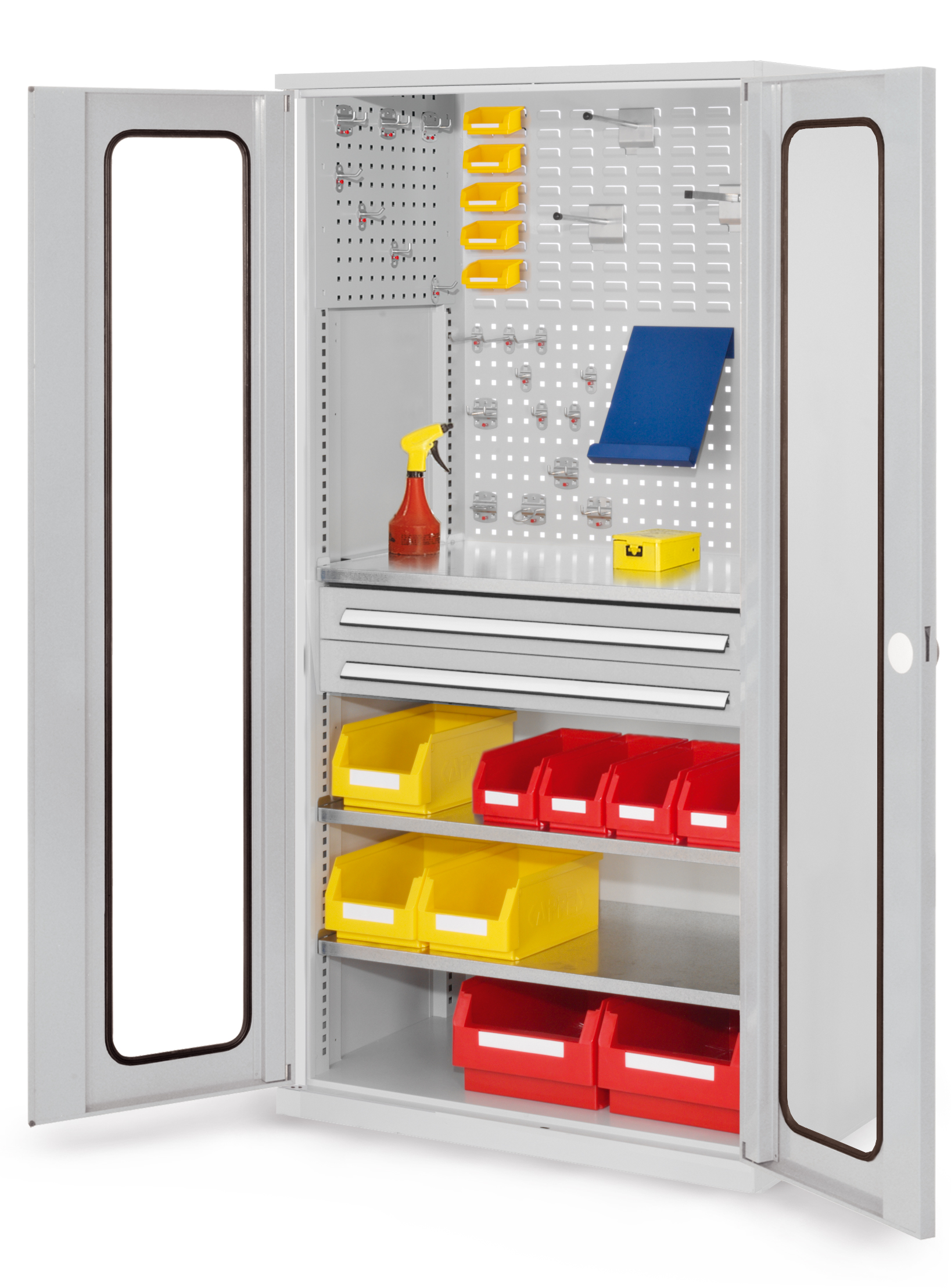 ®RasterPlan Schubladenschrank Modell 31 RAL 7035. Sichtfenstertür. 1950 x 1000 x 600 mm 2 Schubladen H 100 mm 3 Fachböden verzinkt.