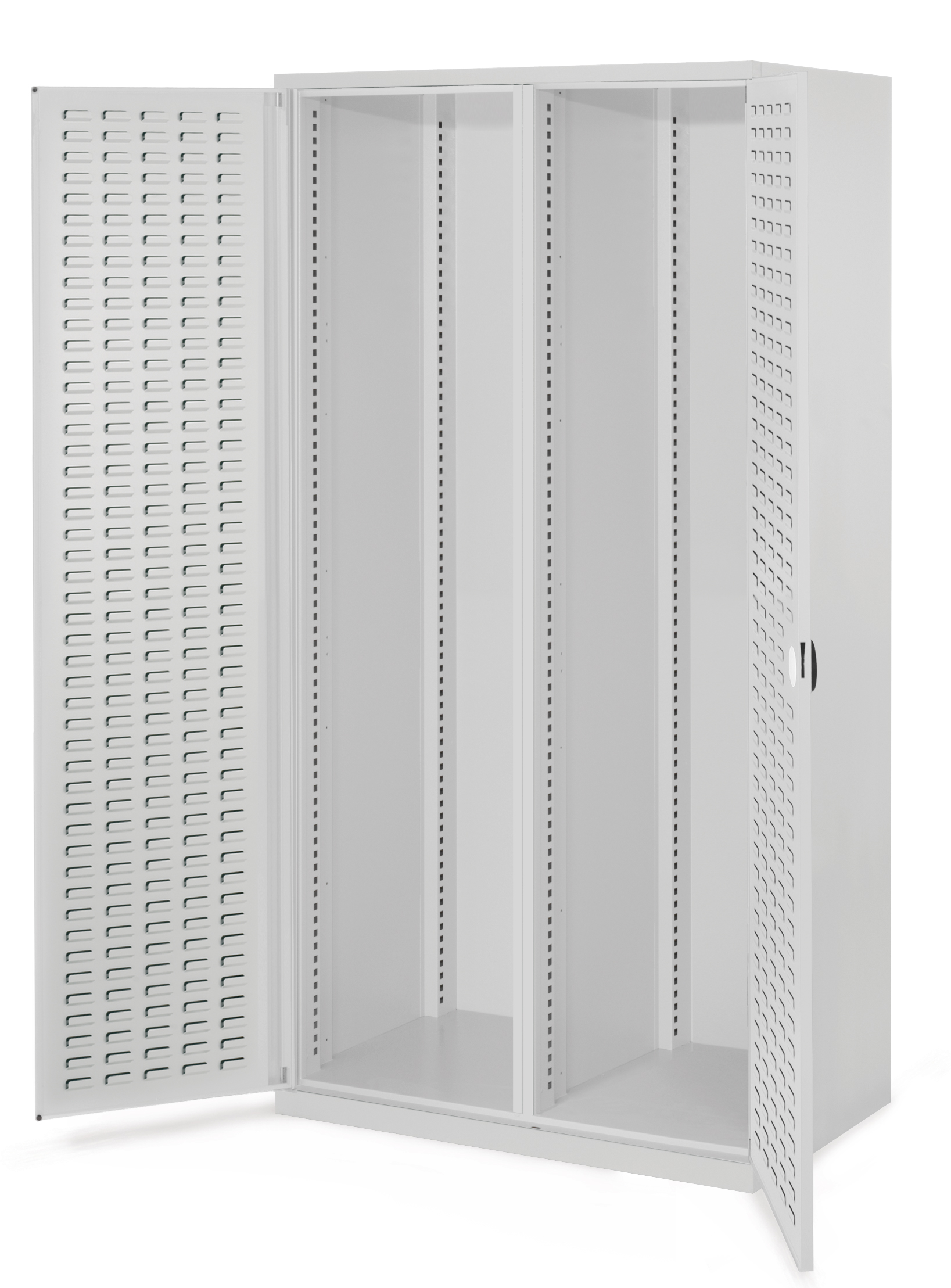 Schwerlastschrank Leergehäuse/ Mod 50 1950 x 1000 x 600 mm RAL 7035. Mit Mitteltrennwand Türinnenseite: ®RasterPlan Schlitzplatte