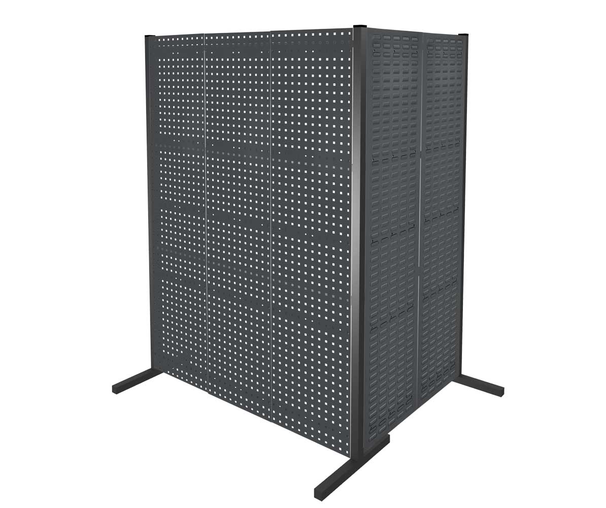 ®RasterPlan Trennwand Doppelfeld 90° 1000 / 1500 mm H2000 mm RAL 7016. Mit 3 ®RasterPlan Lochplatten 2 ®RasterPlan Schlitzplatten.