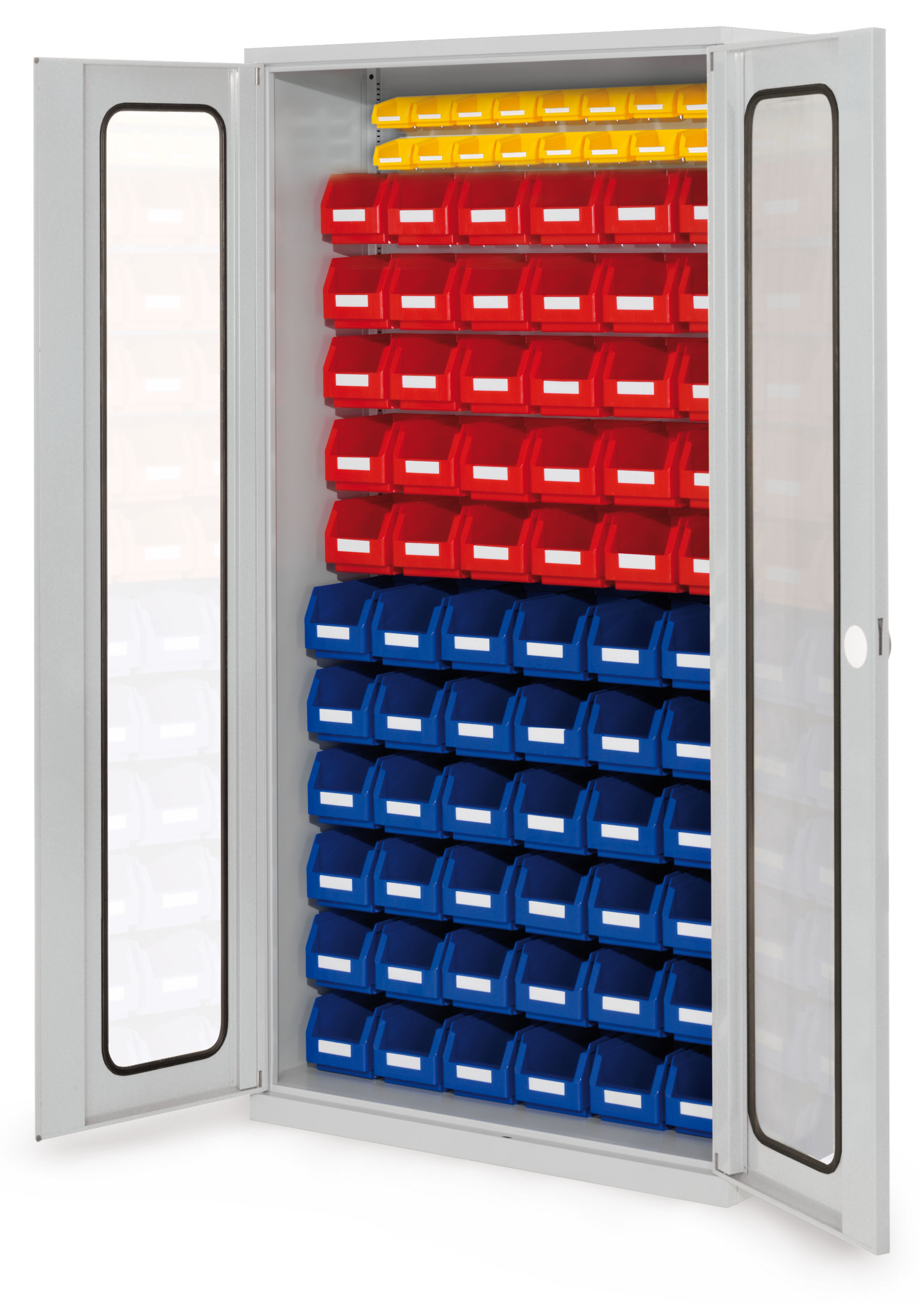 ®RasterPlan Schlitzplattenschrank H1950 x B 1000 x T 410 mm RAL 7035 Modell58 Sichtfenstertüren bestückt mit Lagersichtkasten 36 x Größe 5 30 x Größe 6 16 x Größe 8.