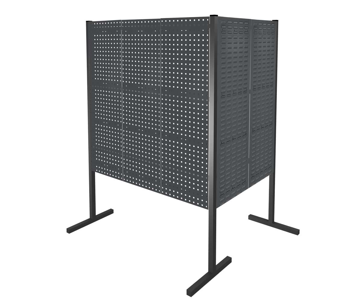 ®RasterPlan Trennwand Doppelfeld 90° 1000 / 1500 mm H1500 mm RAL 7016. Mit 3 ®RasterPlan Lochplatten 2 ®RasterPlan Schlitzplatten.