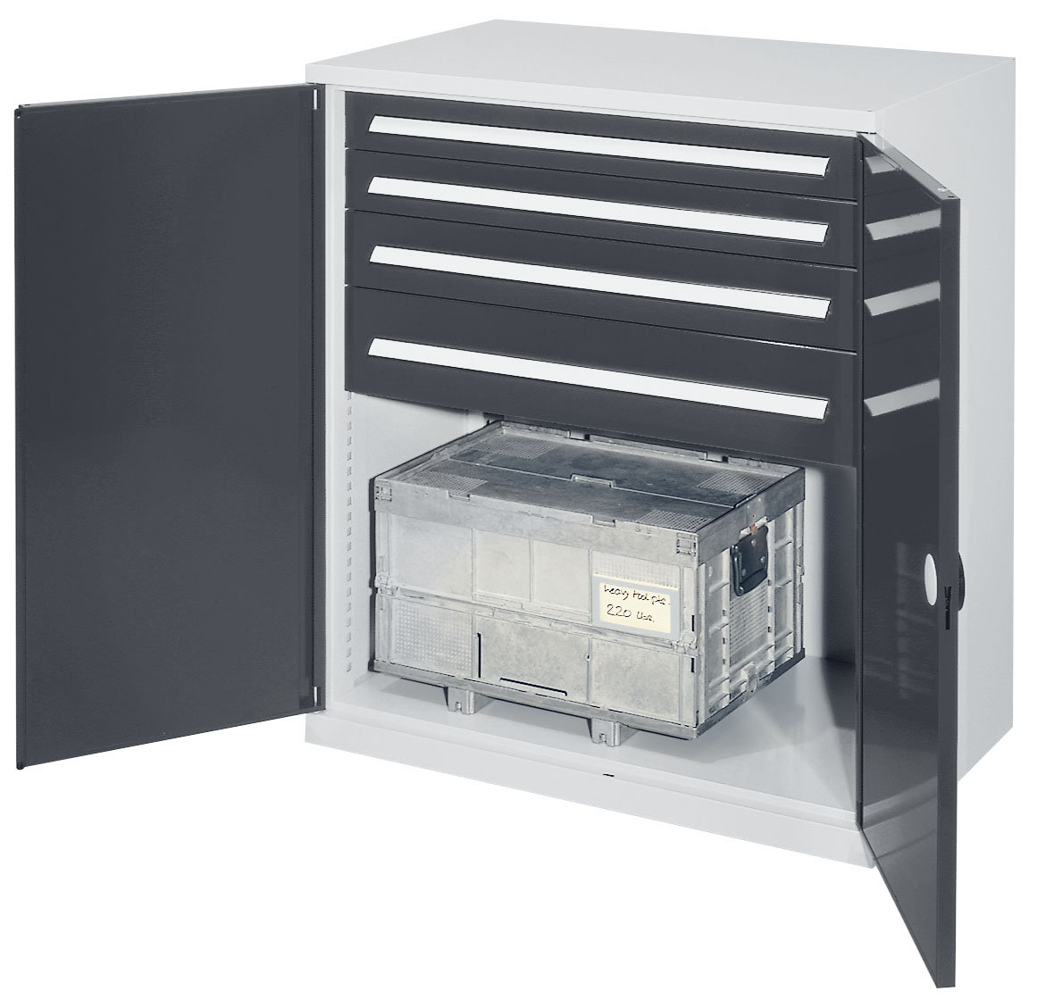 Schwerlast-Beistellschrank Modell 62 1110 x 1000 x 600 mm RAL 7035/7016. Doppelwandtür 2 Schubladen H 100 mm 1 Schubladen H 125 mm 1 Schubladen H175 mm.