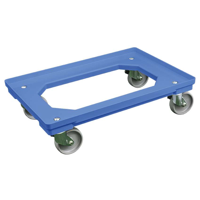 Transport-Rollwagen, 610x410x170 mm, Gummirollen, Farbe blau, mit 2 Feststeller für Behälter 600 x 400 mm