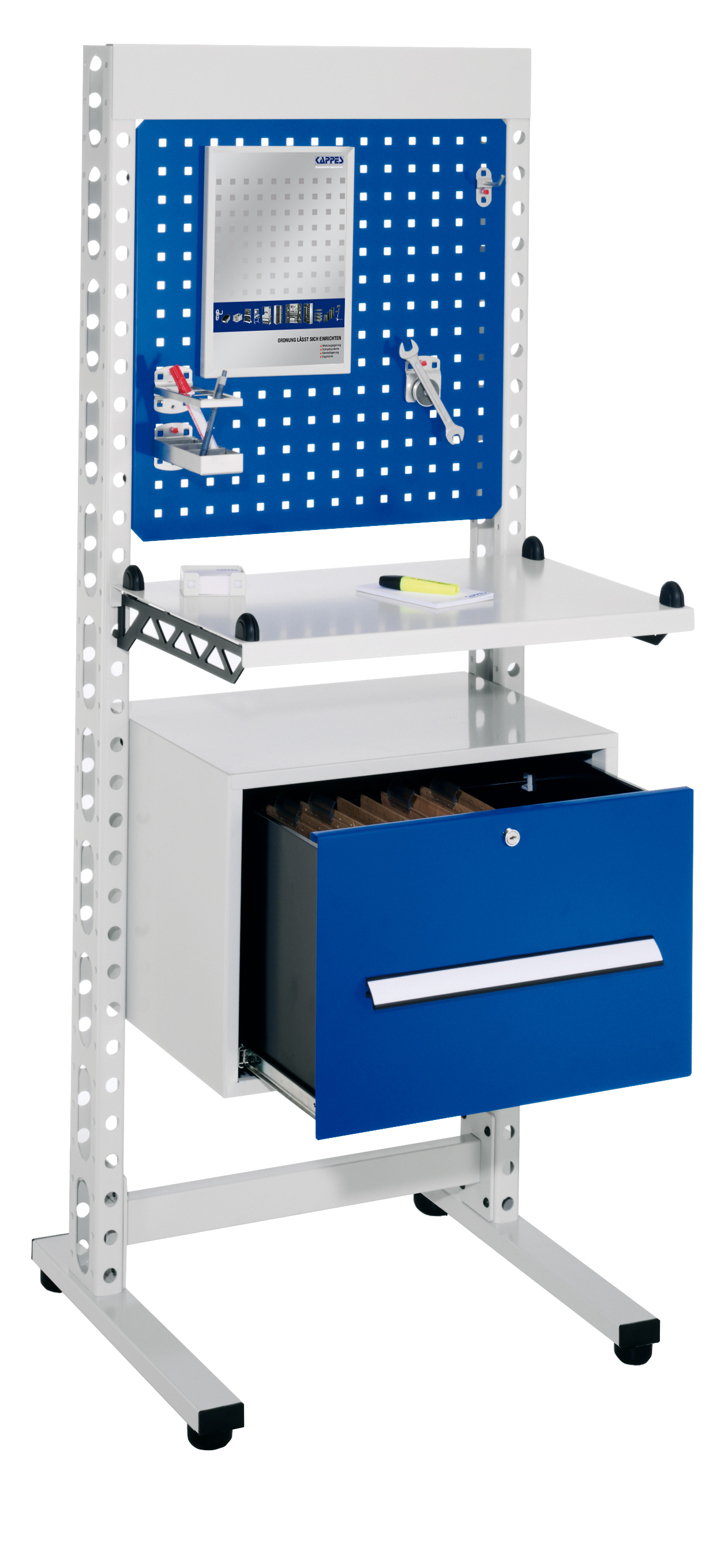 ErgoPlus Steharbeitsplatz RAL 7035 /5010 H 1770 x B 670 mm,. Modell 2 inklusiv 1 Schublade 400 x B 570 x T 400 mm für Hängemappen ausgestattet mit 4 Bodenausgleichsfüßen.