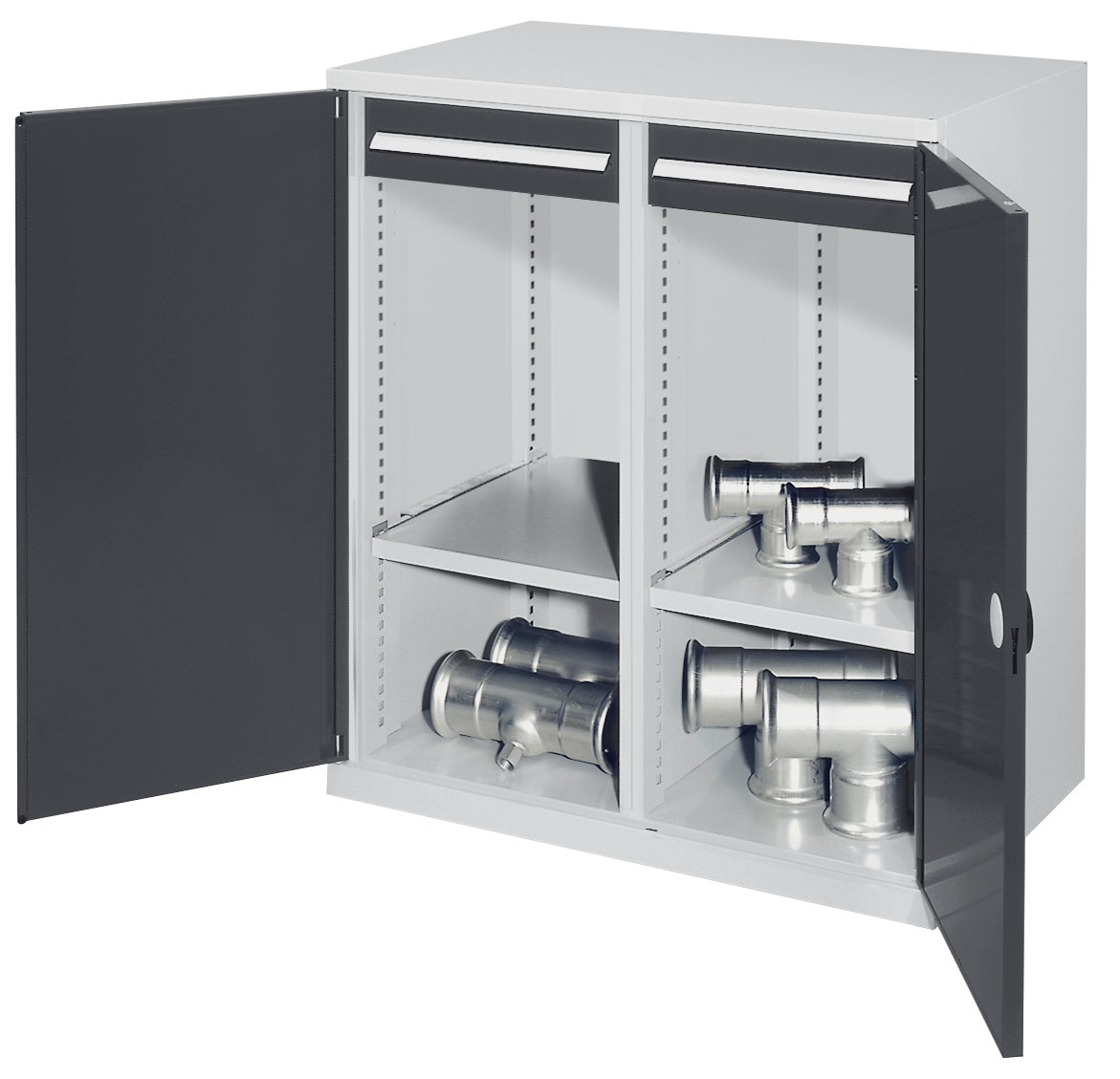 Schwerlast-Beistellschrank Modell 73 1110 x 1000 x 600 mm RAL 7035/7016. Mit Mitteltrennwand Doppelwandtüren 1 Fachboden links 1 Fachboden rechts 2 Schubladen H 100 mm.
