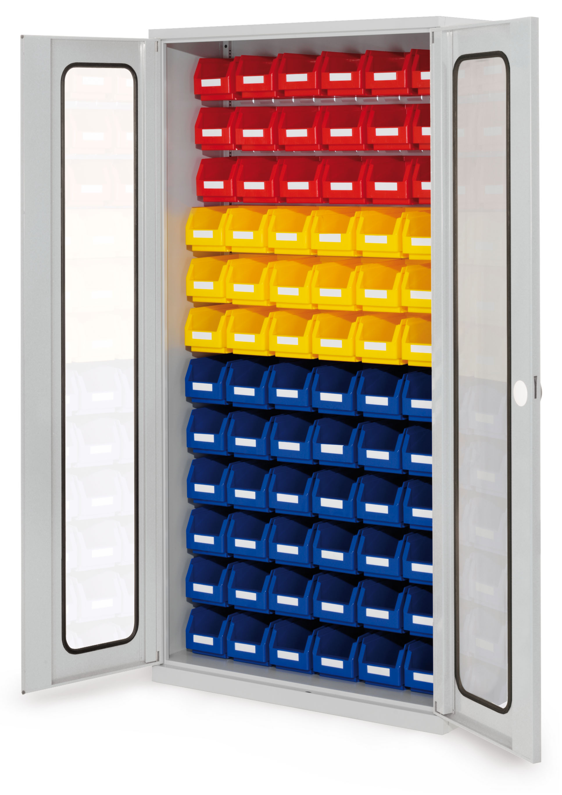 ®RasterPlan Schlitzplattenschrank H1950 x B 1000 x T 410 mm RAL 7035 Modell56 Sichtfenstertüren bestückt mit Lagersichtkasten 54 x Größe 5 18 x Größe 6.