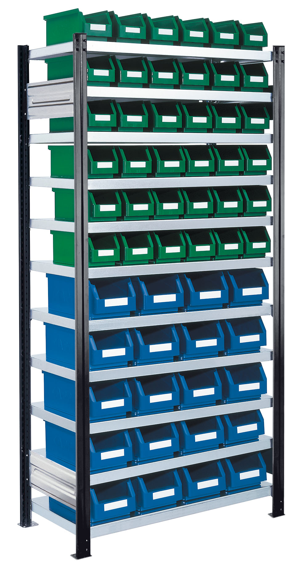 ®RasterPlan Steckregal mit Lagersichtkästen Mod 14 2000 x 1000 x 400 mm GF RAL 7018. Inklusiv 20 x Größe 4 36 x Größe 5.