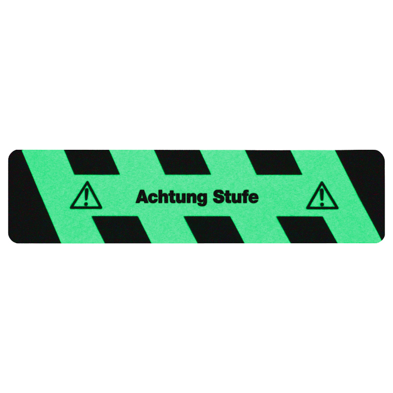 m2-Antirutschbelag Nachleuchtend SG mit Text "Achtung Stufe" Streifen 150x610mm