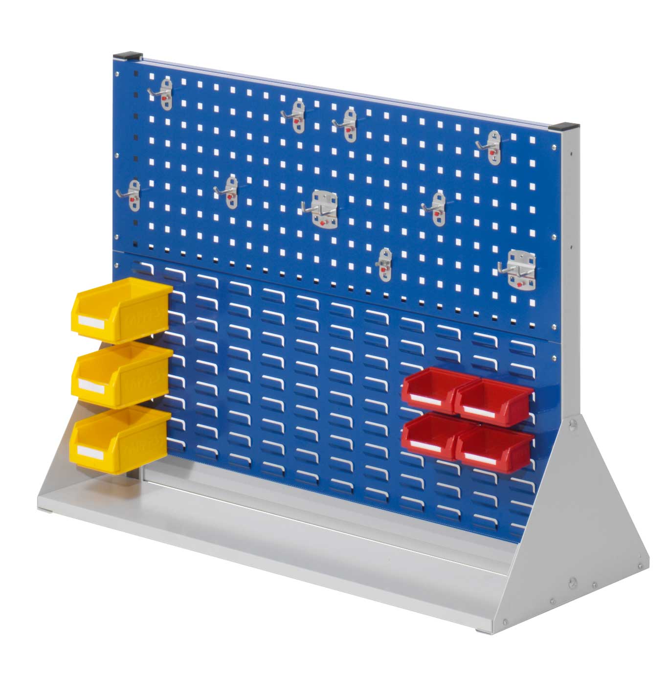 ®RasterPlan Stellwand Gr.2 doppelseitig H760 x B1000 x T430 mm RAL 7035/5010. 1 x Werkzeughaltersortiment 10-teilig 3 x Lagersichtkästen Größe 7,4 x Lagersichtkästen Größe 8.