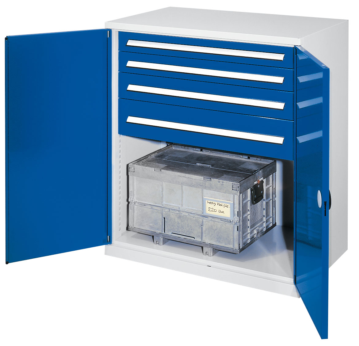 Schwerlast-Beistellschrank Modell 62 1110 x 1000 x 600 mm RAL 7035/5010. Doppelwandtür 2 Schubladen H 100 mm 1 Schubladen H 125 mm 1 Schubladen H175 mm.