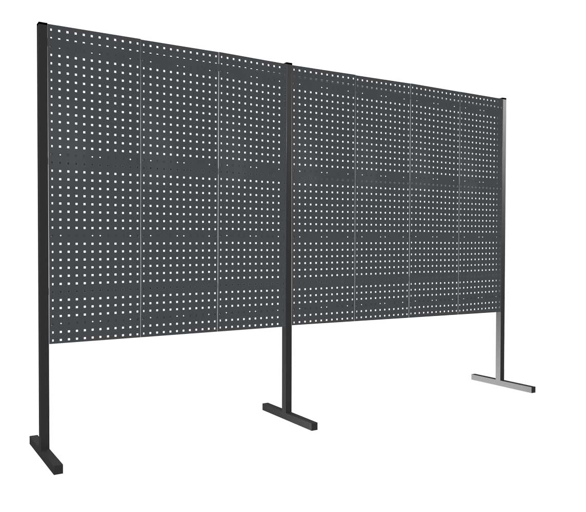 ®RasterPlan Trennwand Doppelfeld 180° L1500 / 2000 mm H1500 mm RAL 7016. Mit 7 ®RasterPlan Lochplatten.
