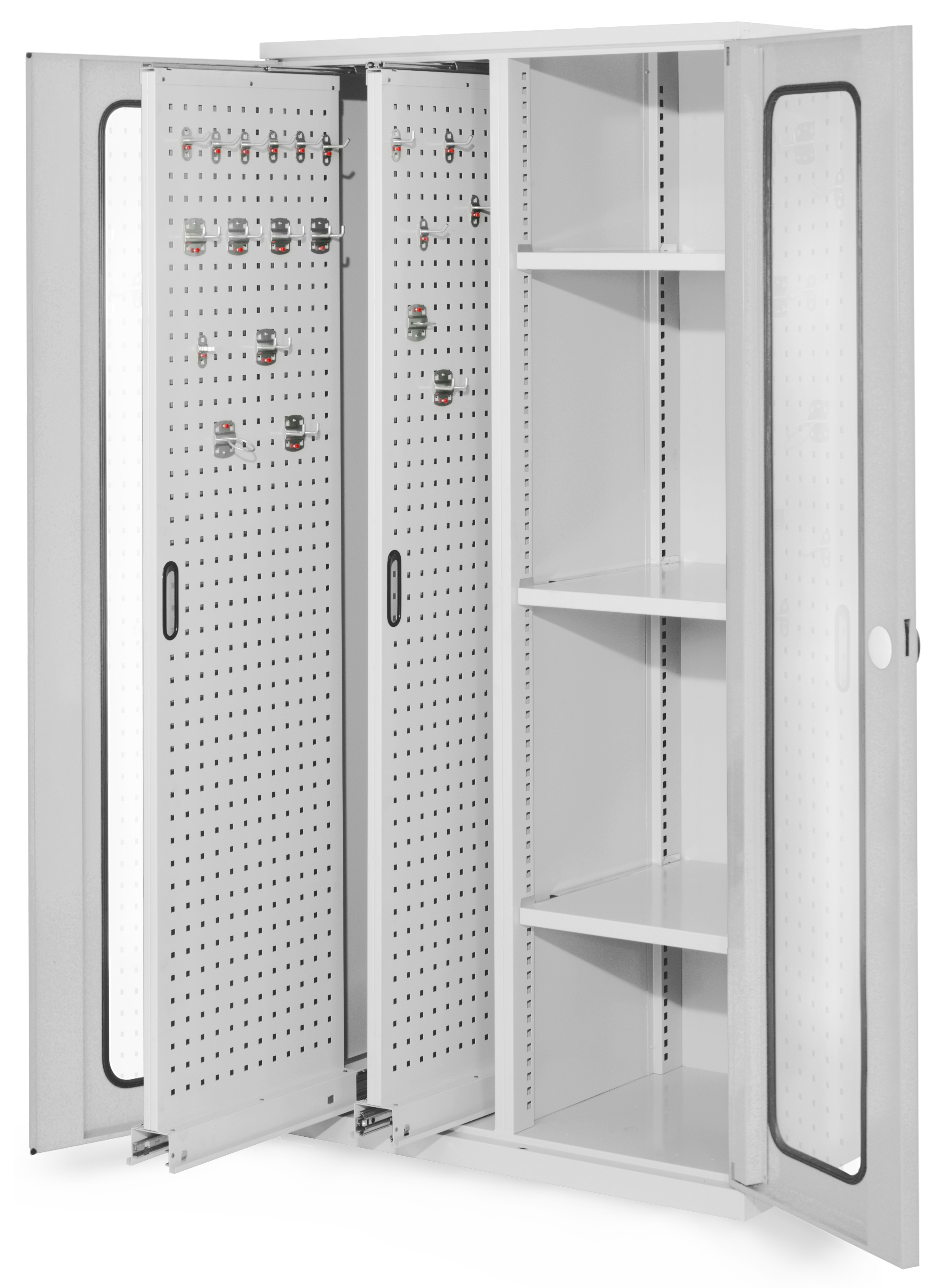 ®RasterPlan Vertikalschrank Modell 80 1950 x 1000 x 600 mm RAL 7035. Sichtfenstertür. 2 Auszüge Lochplatten 3 Böden