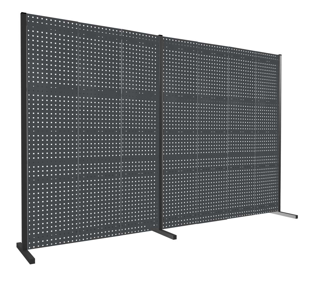 ®RasterPlan Trennwand Doppelfeld 180° L1500 / 2000 mm H2000 mm RAL 7016. Mit 7 ®RasterPlan Lochplatten.