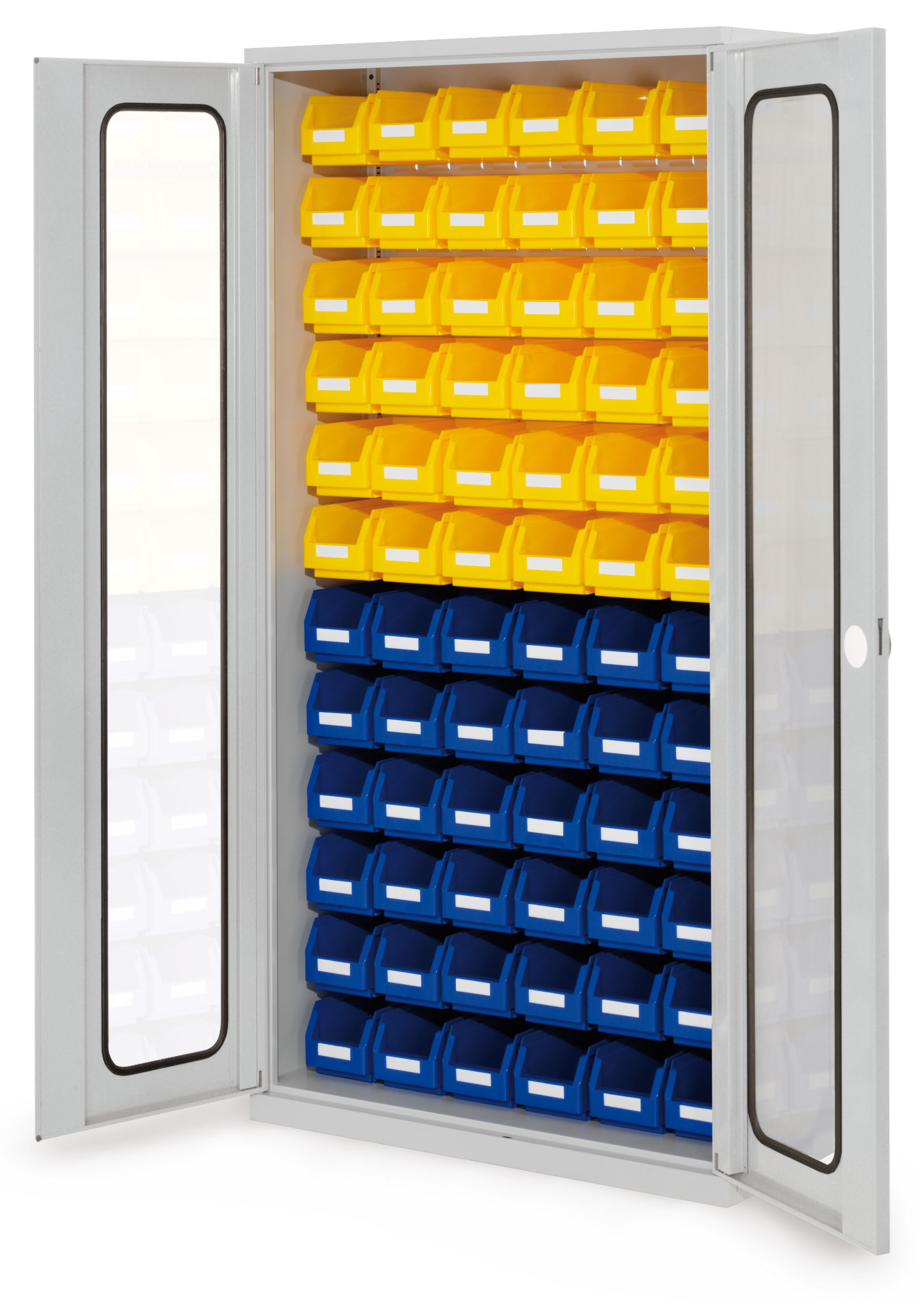 ®RasterPlan Schlitzplattenschrank H1950 x B 1000 x T 410 mm RAL 7035 Modell53 Sichtfenstertüren bestückt mit Lagersichtkasten 72 x Größe 5.
