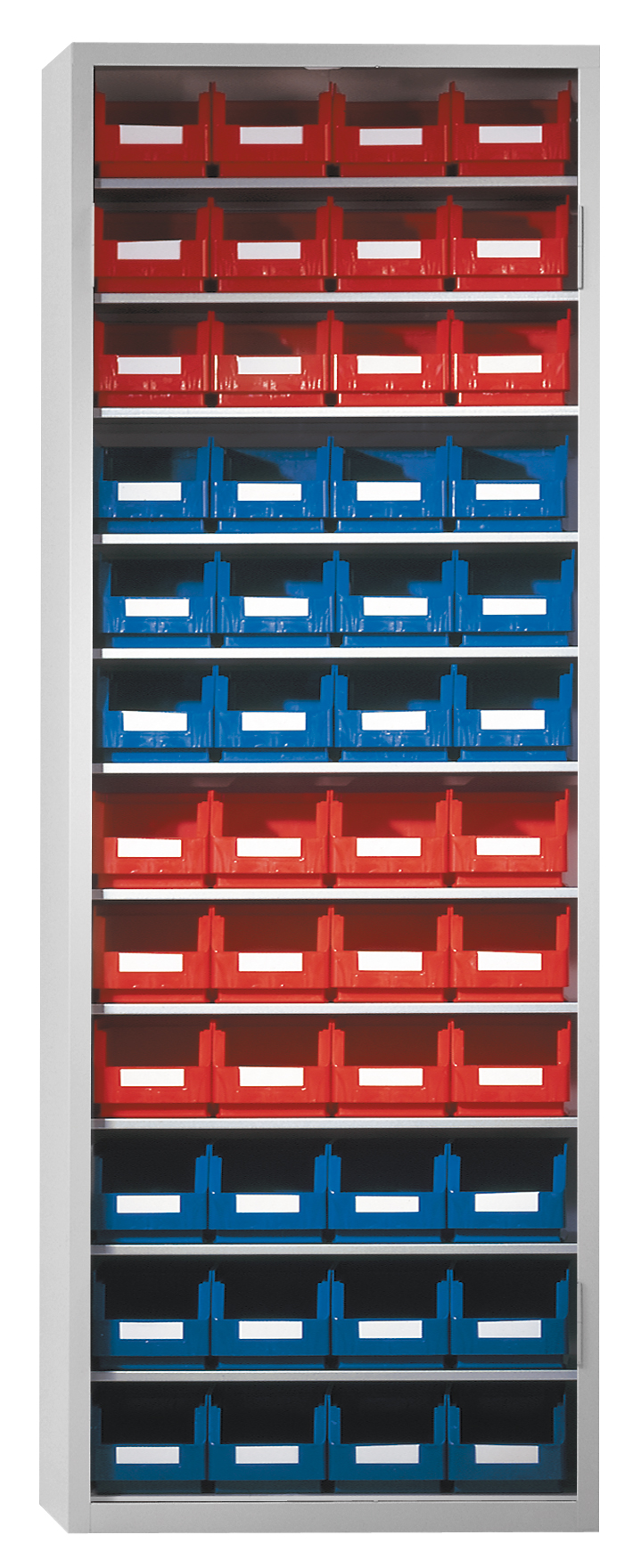 Ordnungsschrank ohne Türen Modell 33 1950 x 690 x 285 mm RAL 7035. Inklusiv Lagersichtkasten 48 x Größe 6.