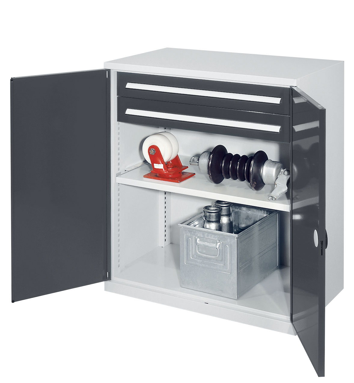 Schwerlast-Beistellschrank Modell 61 1110 x 1000 x 600 mm RAL 7035/7016. Doppelwandtür 1 Fachboden verzinkt 2 Schubladen H 100 mm.
