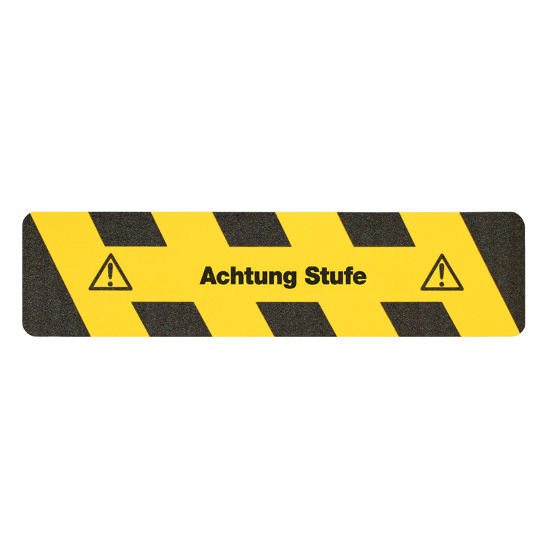 m2-Antirutschbelag Warnmarkierung schwarz/gelb mit Text "Achtung Stufe" Streifen 150x610mm