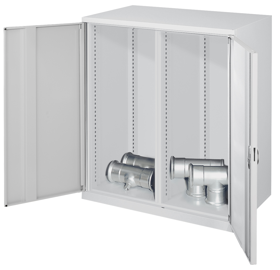Schwerlast-Beistellschrank Mod 70 1110 x 1000 x 600 mm RAL 7035. Mit Mitteltrennwand Leergehäuse Vollblechtüren.