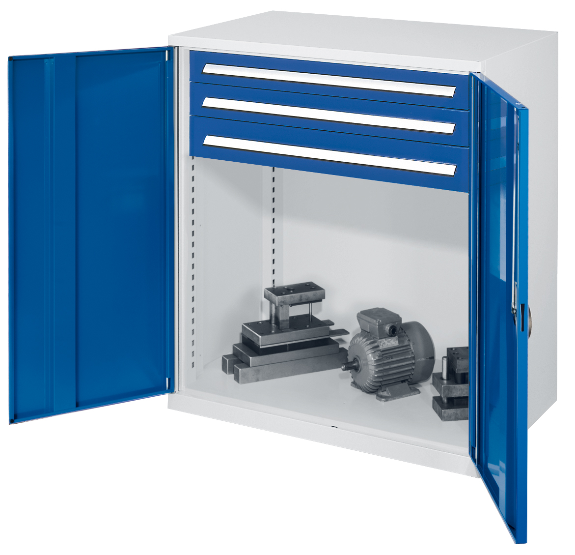 Schwerlast-Beistellschrank Modell 65 1110 x 1000 x 600 mm RAL 7035/5010. Vollblechtüren 3 Schubladen H 100 mm.