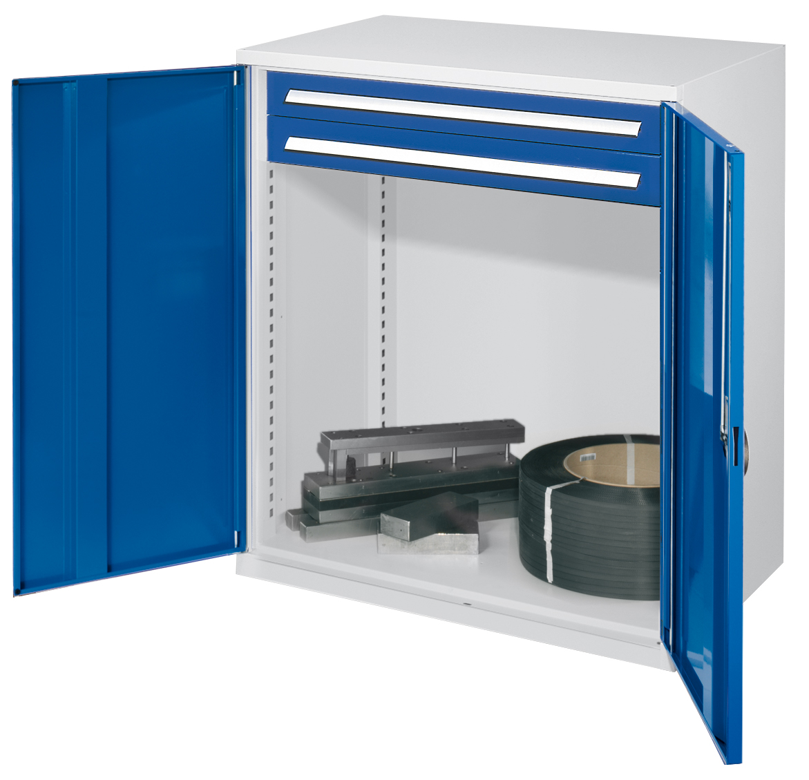 Schwerlast-Beistellschrank Modell 64 1110 x 1000 x 600 mm RAL 7035/5010. Vollblechtüren 2 Schubladen H 100 mm.