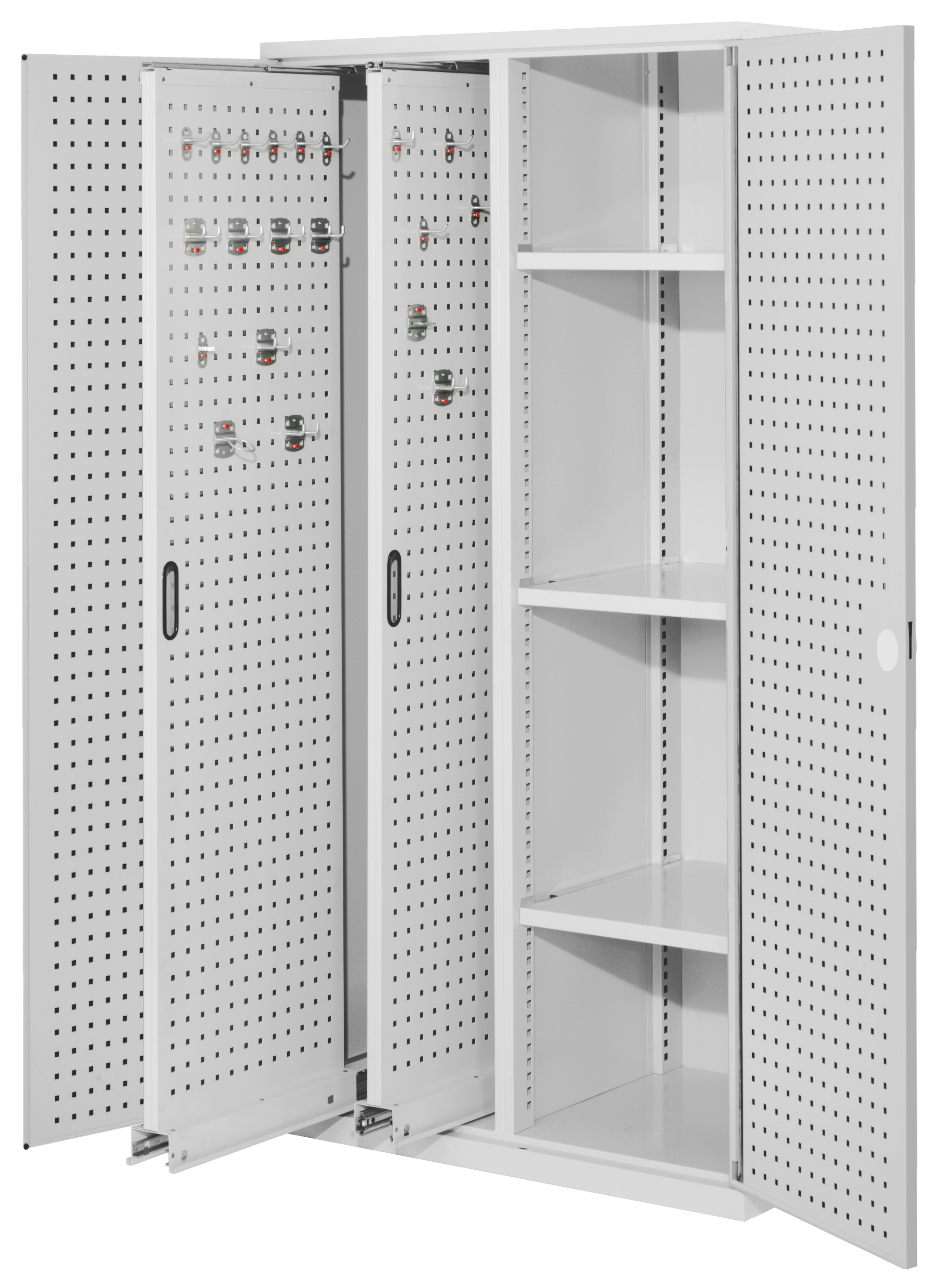 ®RasterPlan Vertikalschrank Modell 80 1950 x 1000 x 600 mm RAL 7035. Türinnenseite: ®RasterPlan Lochplatten 2 Auszüge Lochplatten 3 Böden