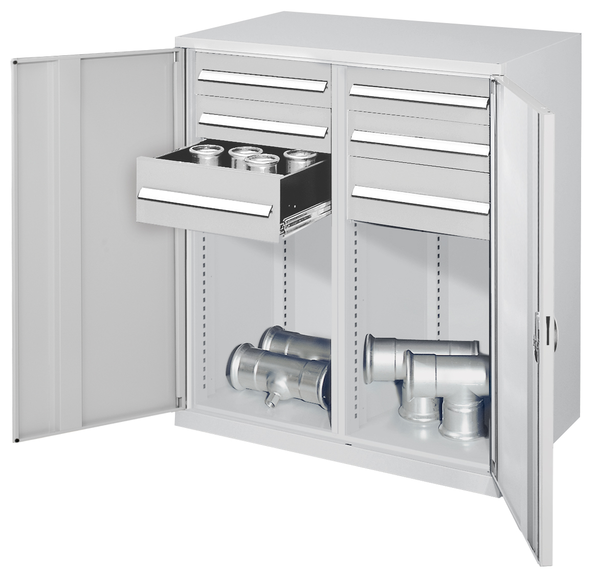 Schwerlast-Beistellschrank Modell 74 1110 x 1000 x 600 mm RAL 7035. Mit Mitteltrennwand Vollblechtüren 4 Schubladen H 125 mm 2 Schubladen 175 mm.