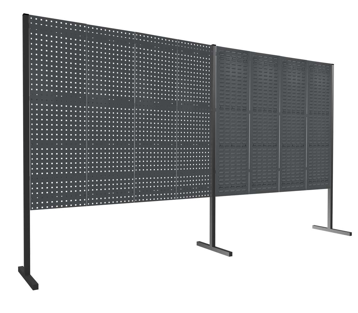 ®RasterPlan Trennwand Doppelfeld 180° 2000 / 2000 mm H1500 mm RAL 7016. Mit 4 ®RasterPlan Lochplatten 4 ®RasterPlan Schlitzplatten.