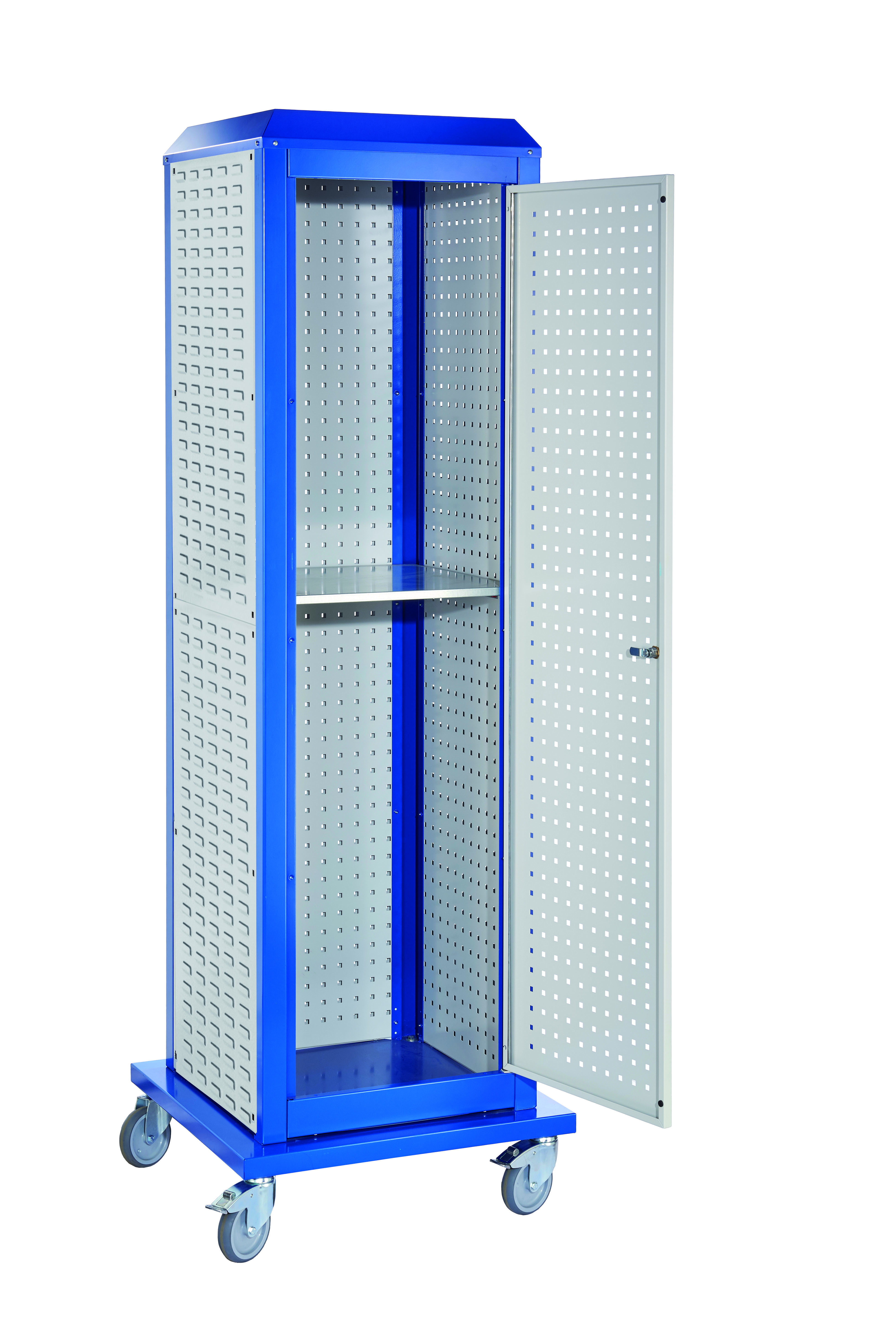 ®RasterPlan ToolTower groß Mod 35 mobil RAL 7035/5010. 2 LP außen groß 1 LP innen groß 1 LP außen klein 1 SP außen klein 1 LP Tür 1 Fachboden.