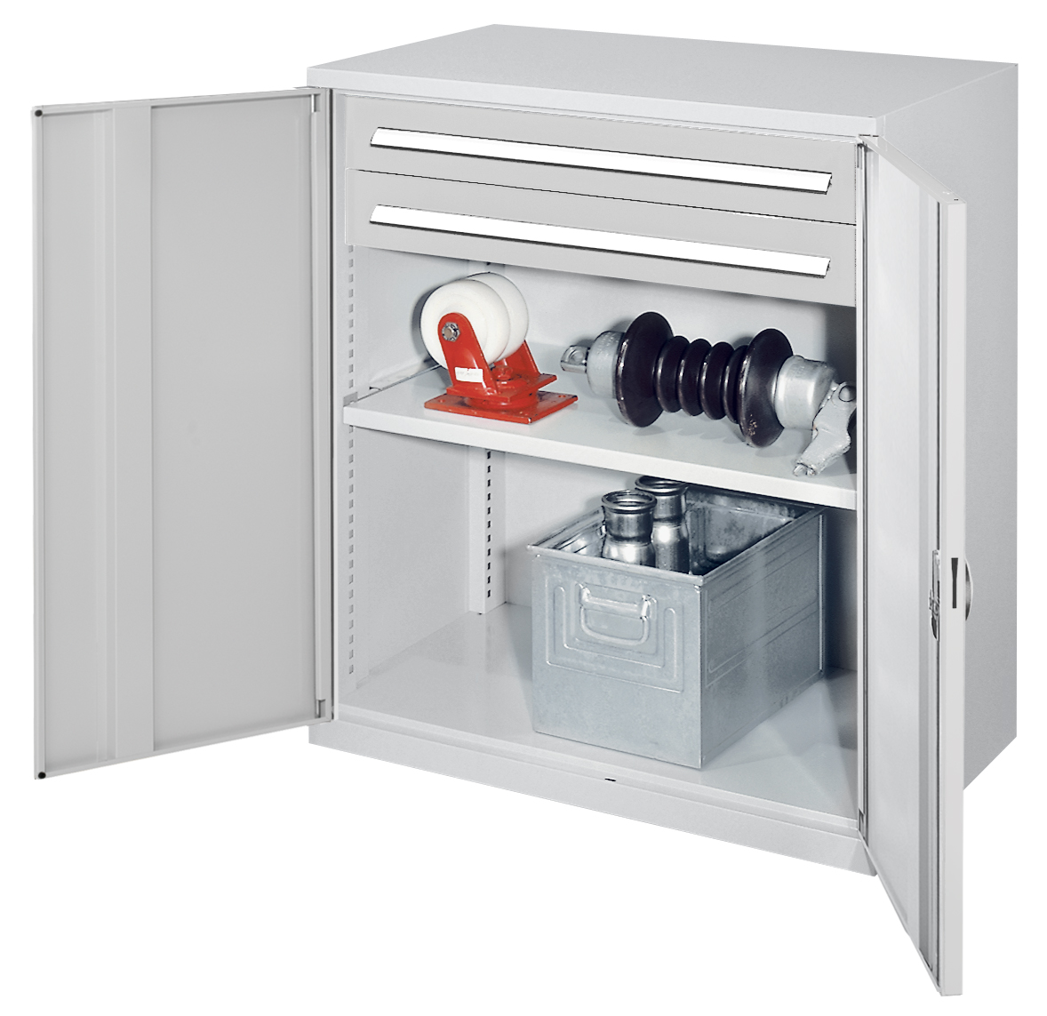Schwerlast-Beistellschrank Modell 61 1110 x 1000 x 600 mm RAL 7035. Vollblechtüren 1 Fachboden verzinkt 2 Schubladen H 100 mm.