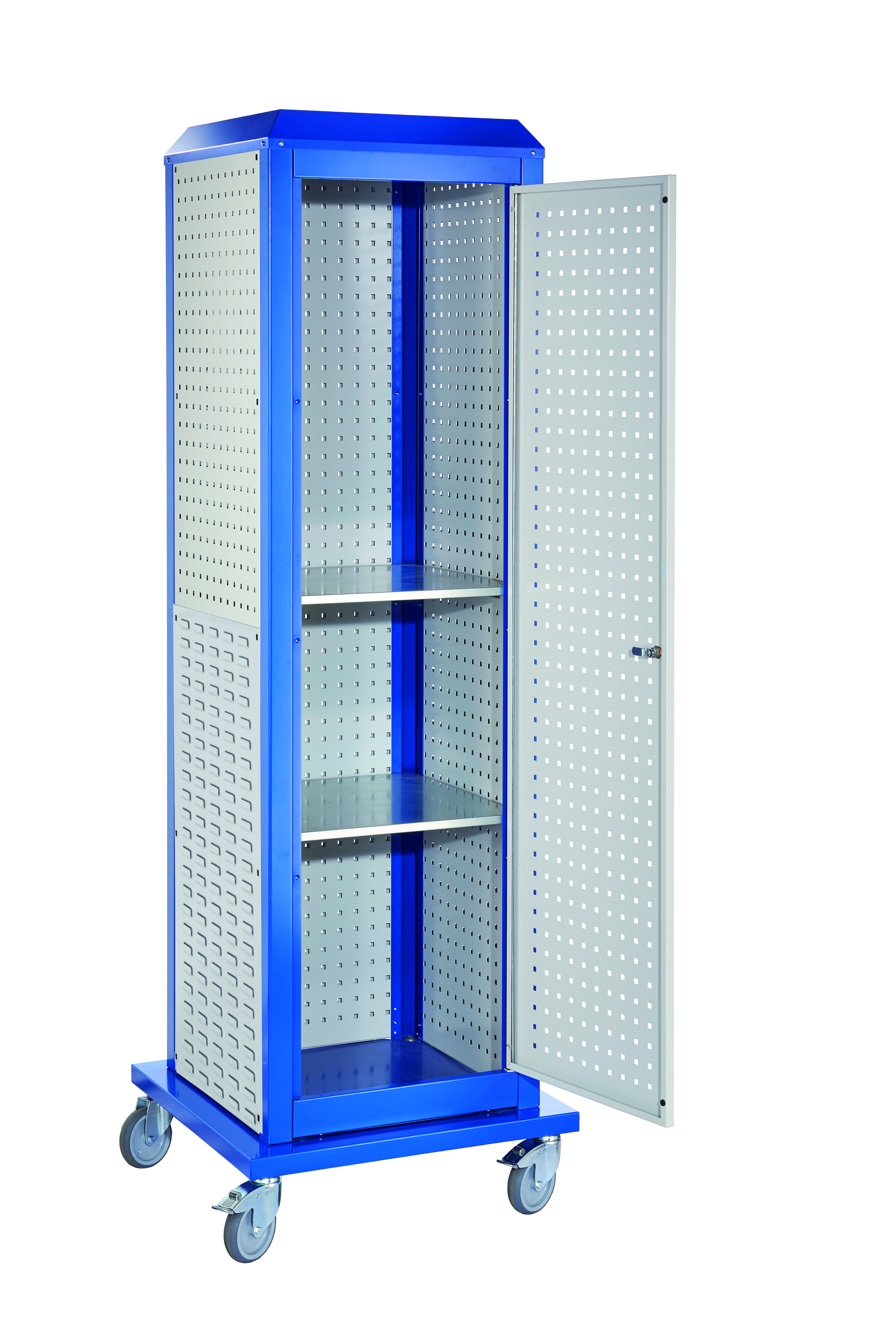 ®RasterPlan ToolTower groß Mod 36 mobil RAL 7035/5010. 2 LP außen groß 1 LP außen klein 1 SP außen klein 1 LP Tür 2 Fachböden.